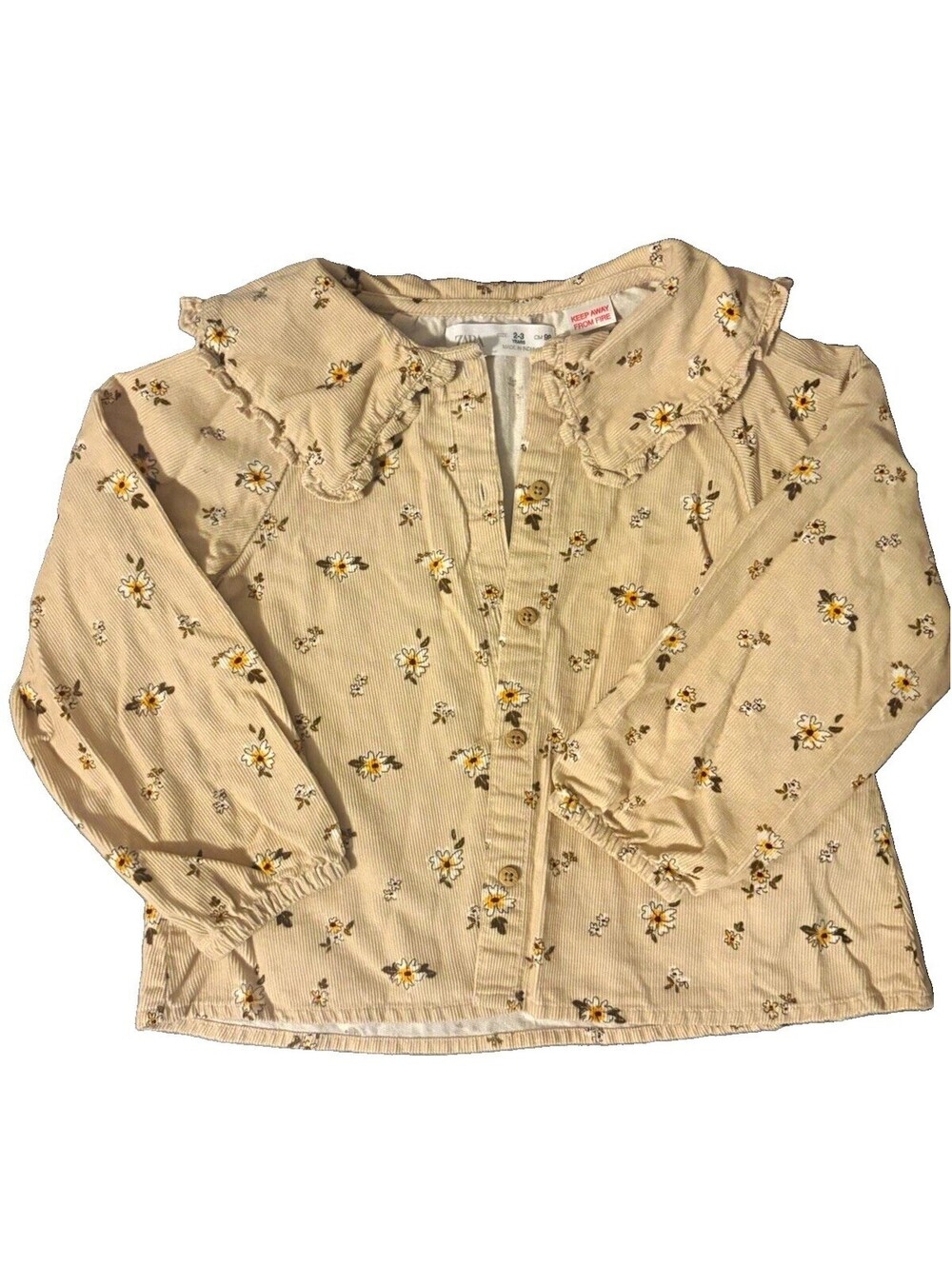 Zara Girls 2T Beige Floral Ruffle Collar Long Sleeve Cotton Button-Up Blouse